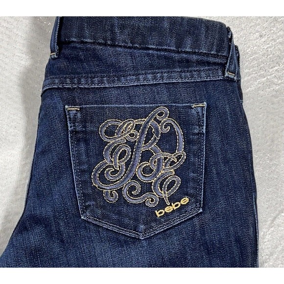 Bebe Premium Denim Skinny Jeans Dark Wash Gold Embroidered Monogram Women Sz 29 - Picture 5 of 12